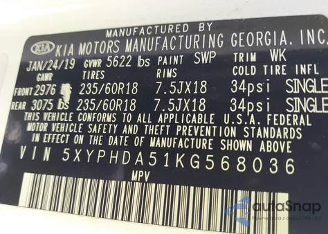 2019 Kia Sorento 3.3L Ex из США, поврежденный, VIN 5XYPHDA51KG568036